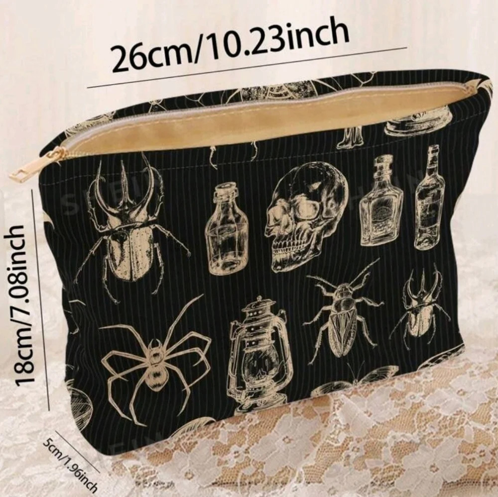 Black gold makeup bag skull Halloween zipper spider women's Gothic scarab bugs
